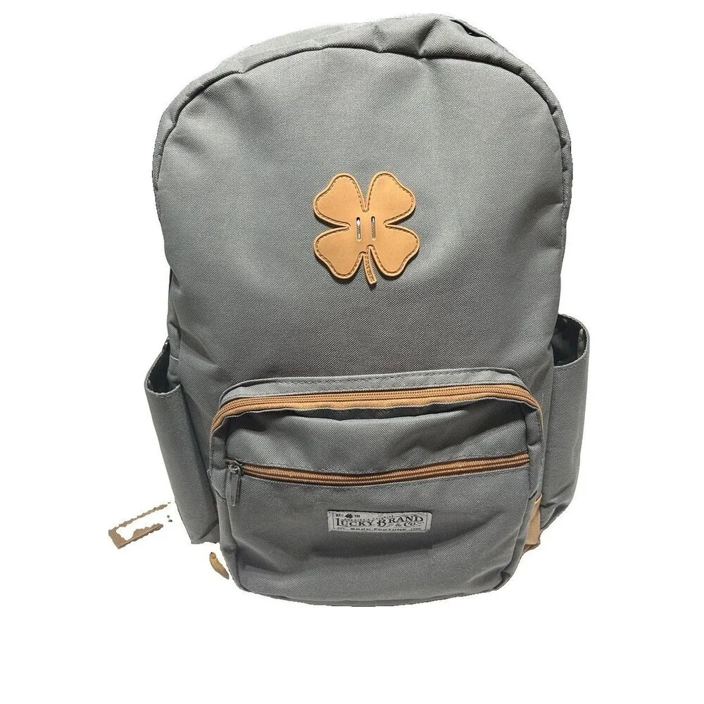 Lucky Brand Grey Canvas Backpack Tan Faux Leather Trim Clover Logo Travel Bag
